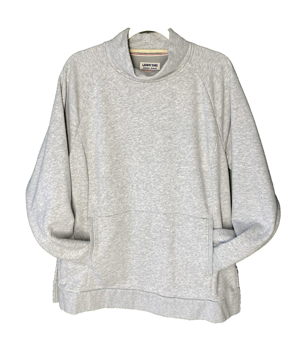 Lands End Sweater Womens Large 14-16 Heather Gray Funnel Neck Sweatshirt Popover